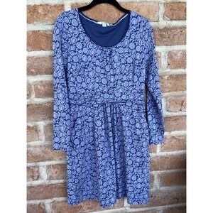 Boden Dress Womens 10 Blue Floral Scoop Neck Fit & Flare Belted Knee Length